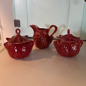 Set of 3 Rare Strawberry Shaped Creamer and Sugar Dishes from the 1930’s
